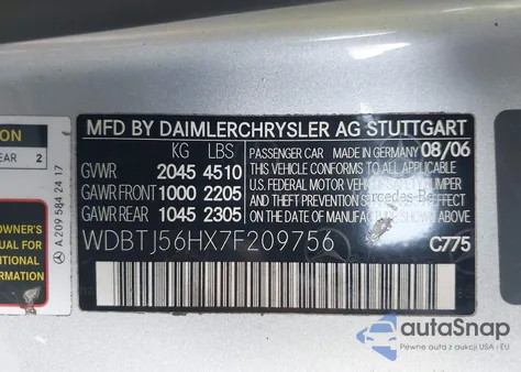 2007 Mercedes-Benz Clk 350 из США, поврежденный, VIN WDBTJ56HX7F209756